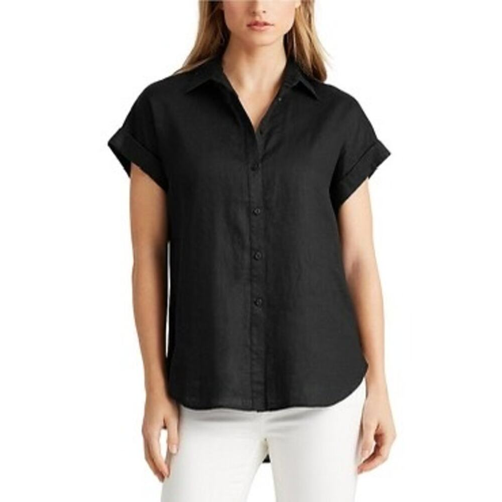 LAUREN RALPH LAUREN Sz XL Womens Linen Cuffed Sleeve Button Up Modest Minimalist